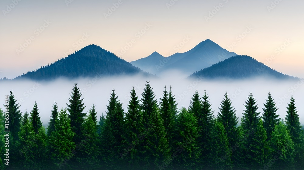 Poster Captivating misty forest landscape in the Carpathian Mountains with tall evergreen pine trees enveloped in a mystical morning fog creating an enchanting and serene atmosphere