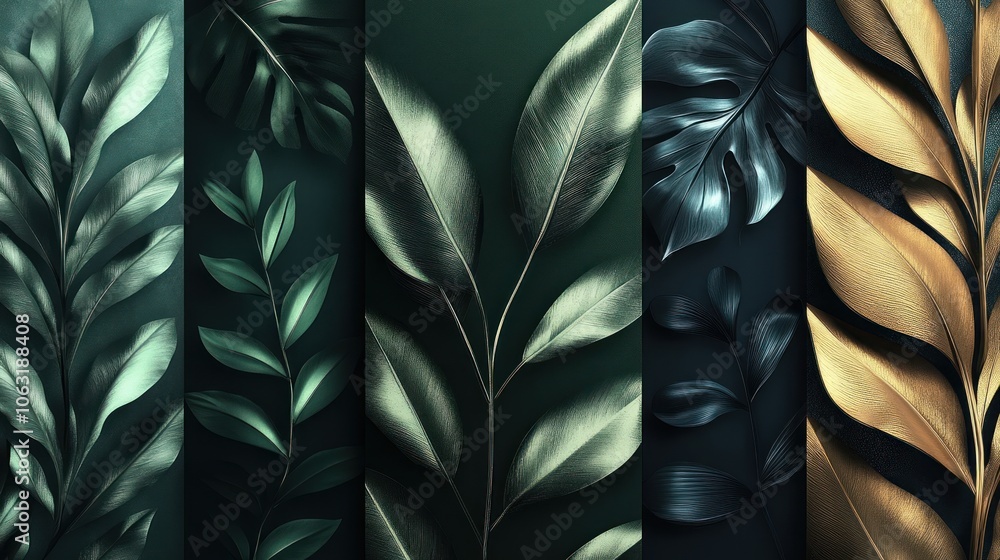 Poster digital leaf patterns in metallic and dark green tones, combining sharp graphics in a modern style.