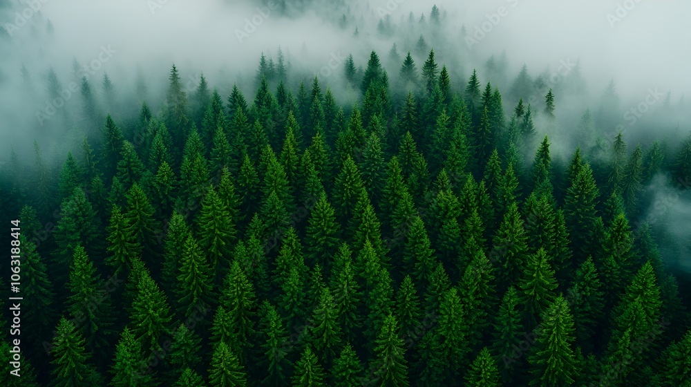 Aufkleber Enchanting misty forest landscape in the Carpathian Mountains with tall pine trees shrouded in morning fog creating a serene and mystical atmosphere