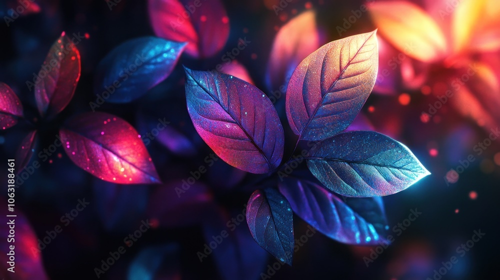 Poster digital leaf patterns that combine dark tones and neon light effects, creating a lively and energeti