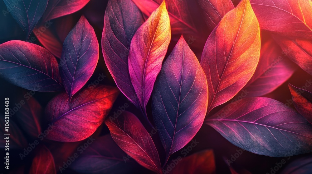 Poster digital leaf patterns that combine dark tones and neon light effects, creating a lively and energeti