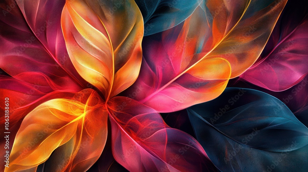 Poster digital leaf patterns that emphasize bright colors and backlighting modern flowing lines