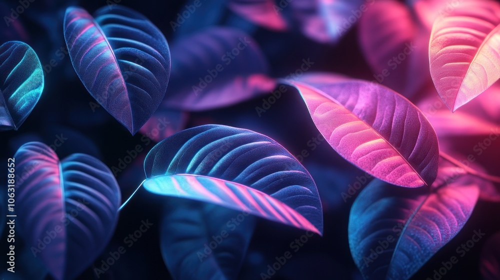 Poster digital leaf patterns that combine dark tones and neon light effects, creating a lively and energeti