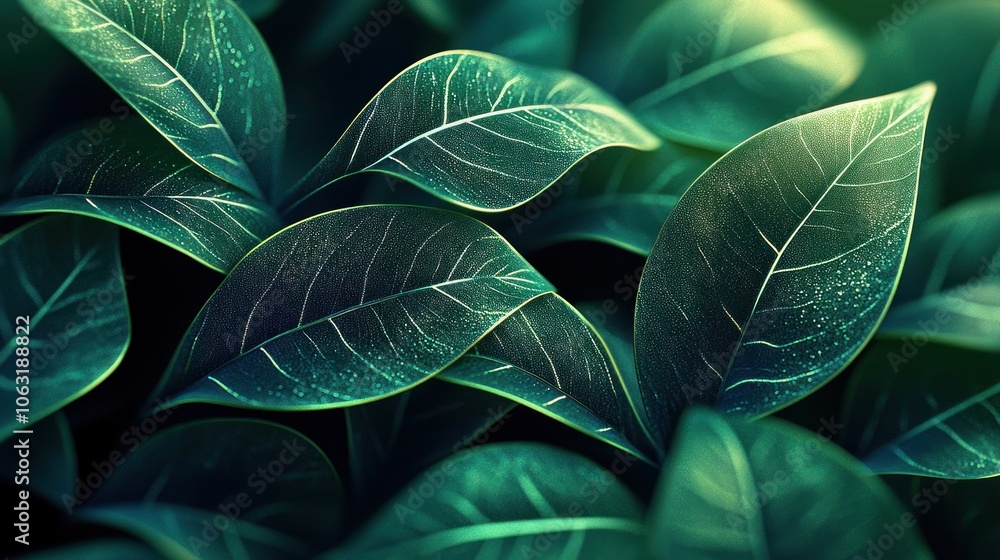 Poster digital leaves in 3d, with sleek lines and realistic textures, creating a futuristic atmosphere.