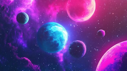 Naklejka premium A colorful space background with neon planets and stars
