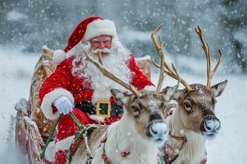 a santa claus with a beard and red costume rides on a sleigh in the snow with reindeer