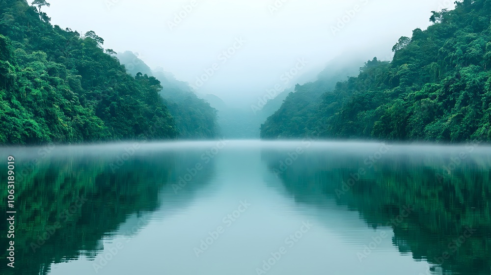 Poster Misty Amazon River Flowing Through Lush Tropical Forest Landscape in Brazil  Dense Foliage and Vegetation on Both Sides of the Winding Waterway Create a Serene Enchanting Scene