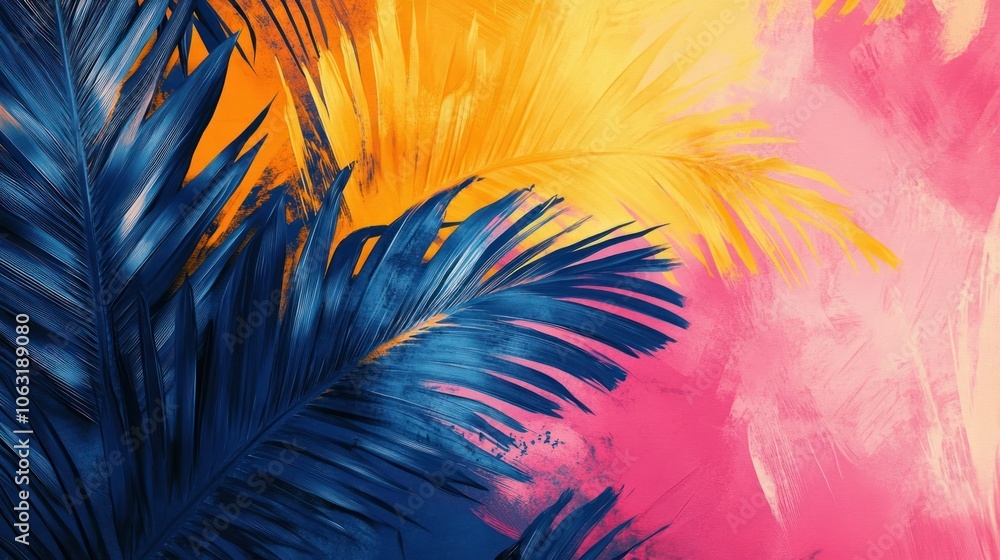 Poster digital palm leaves in bright colors, smooth textures and sharp graphic lines, creating a modern and