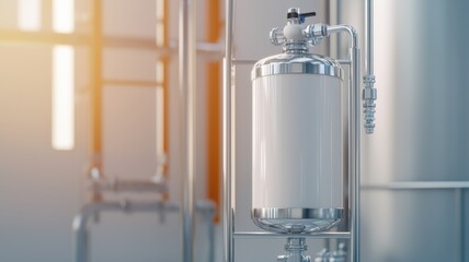 A sleek, silver industrial container stands in a modern facility, capturing light and emphasizing the clean, stainless-steel environment.