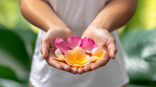 Serene Mindfulness: Hands arranging petals with a peaceful smile in nature meditation concept
