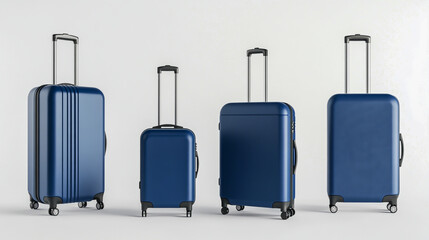 3D sleek, modern blue hard-shell suitcases displayed from multiple angles against a clean white background