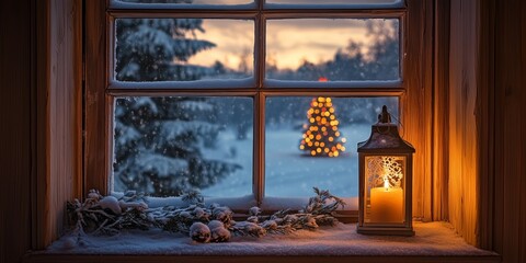 View through a romantic decorated window with lantern and candlelight to a romantically lit Christmas tree in the snow