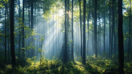 Fototapeta premium Enchanting spring forest with tall trees and fresh greenery, with mist rising and sunlight creating a magical atmosphere