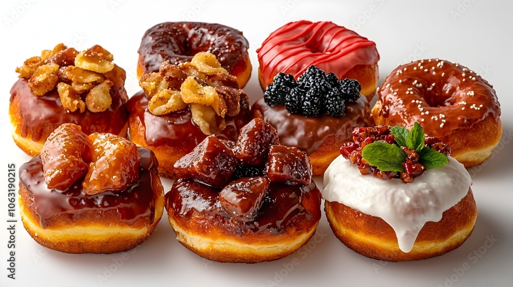 Poster overhead view of a variety of colorful donuts with creative toppings like sprinkles glazes and powde