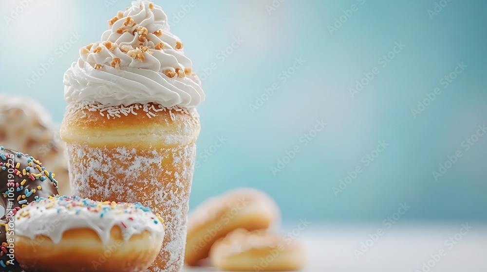 Poster a top down view showcasing a variety of colorful creatively topped artisanal donuts arranged on a cl