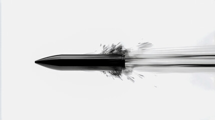 A dynamic, high-contrast image featuring a dark, sleek bullet in motion with a visible trail, isolated on a clean white background