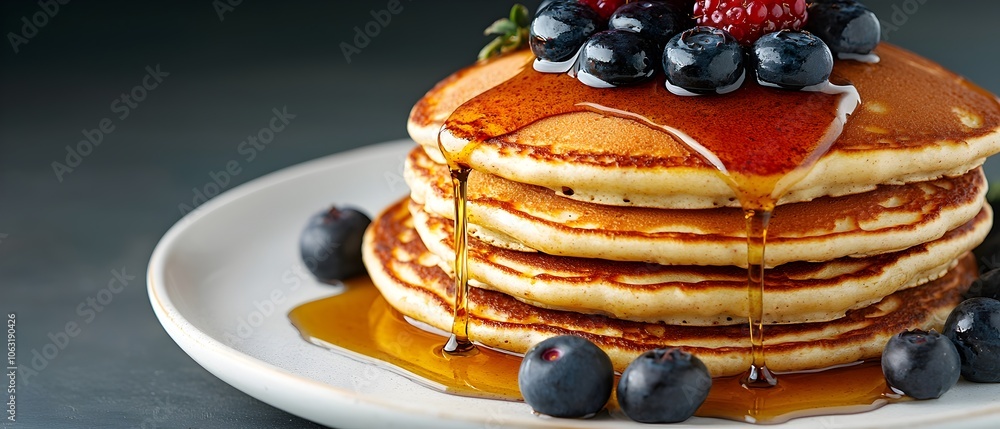 Poster a close up shot showcasing a towering stack of deliciously fluffy pancakes drizzled with a generous 