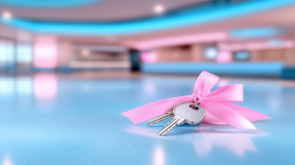 Pink bow tied to keys, charming symbol of new beginnings, home owner ship, or thoughtful gift for special occasions
