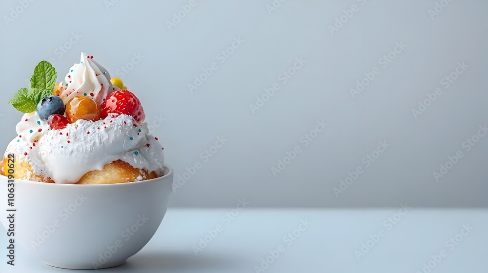Poster a top down view of a variety of colorful donuts with creative toppings such as sprinkles frosting an