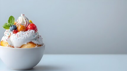 A top down view of a variety of colorful donuts with creative toppings such as sprinkles frosting and glazes arranged on a minimalist white background providing ample copy space for text