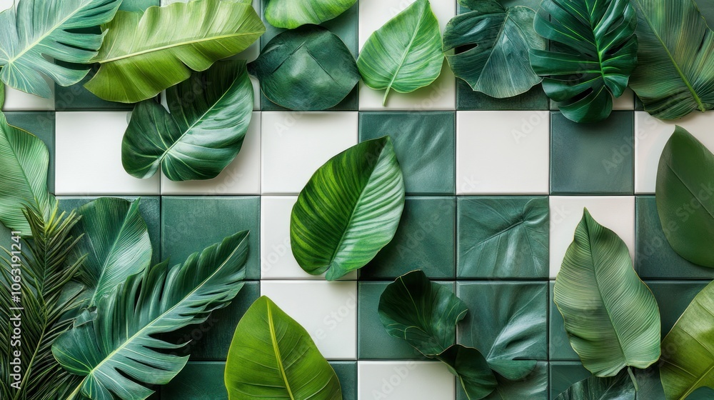Aufkleber geometric leaves arranged in a square pattern, white background contrasting with green creates a mod