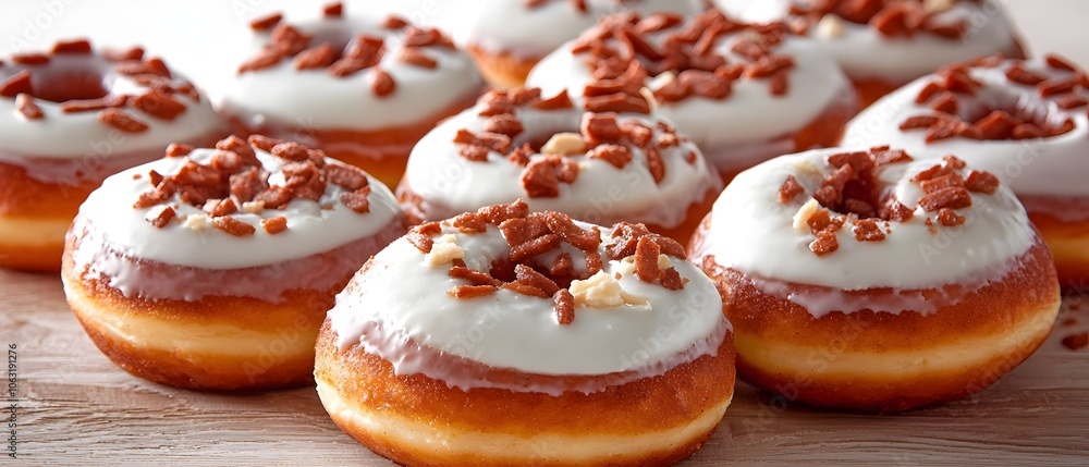 Poster beautifully crafted gourmet donuts with an array of creative toppings and fillings arranged in a vib