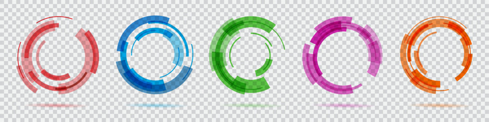 Naklejka premium Abstract frames. Technology digital logo. Graphic shapes for background or icons. Round optical borders. Circular motion. Geometric transparent twirl. Vector design circle symbols set