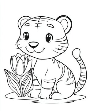 Cartoon Tiger Cub Coloring Page with Flower Plant for Kids and Education Purpose.