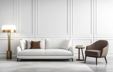 Elegant modern living room design with stylish furniture and soft color palette