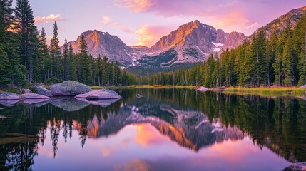 Obraz premium Serene Lake Reflecting Majestic Snow-Capped Mountains and Pine Trees at Sunset with Vibrant Sky and Tranquil Water Surface