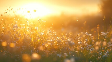 Golden hour spring sunlight glowing softly over a meadow, with wildflowers and grass swaying gently in the breeze