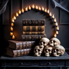 a room with a lot of candles and skulls on the table and books on the shelves and a window, Dirk Crabeth, gothic art, arcane, a still life