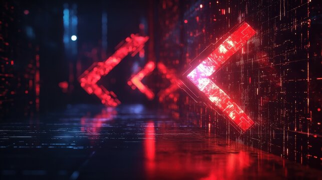 Abstract digital two left-right arrows within futuristic low poly style on a technology dark background. Data receive concept. Polygonal reverse arrows in red hologram style. Vector illustration.