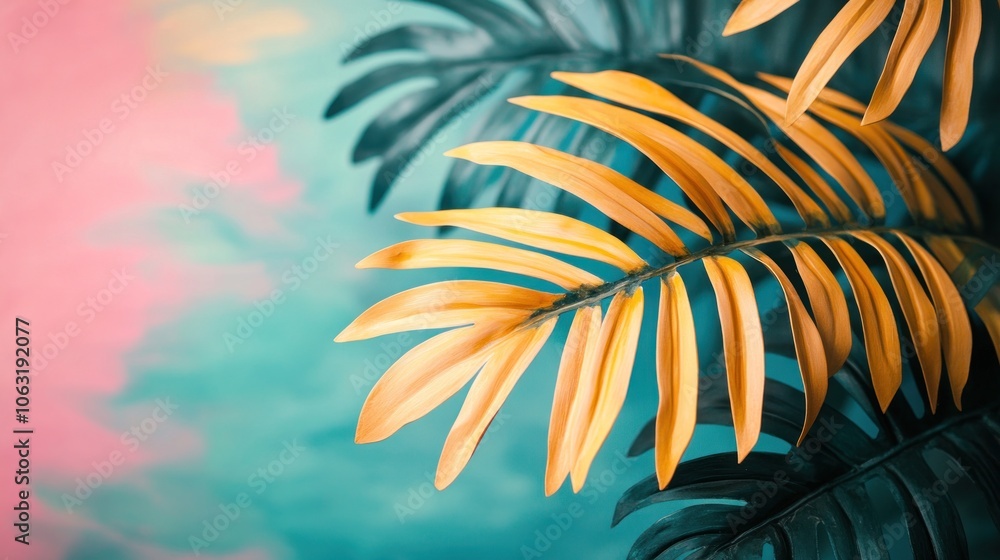 Poster hand-painted leaf lines overlapping in a balanced way, using bright and fresh tones to create a refr