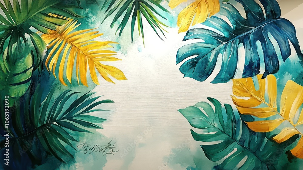 Poster hand-painted leaf lines overlapping in a balanced way, using bright and fresh tones to create a refr