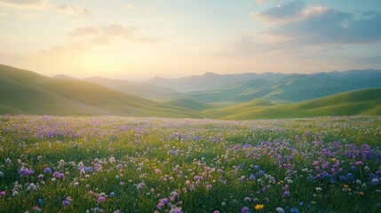 Obraz premium Green rolling hills dotted with wildflowers under a pastel-colored spring sky with soft clouds