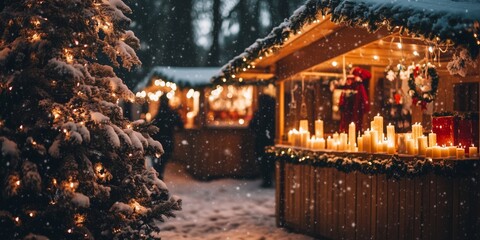 Obraz premium a romantically illuminated stall with arts and crafts at Christmas market in the evening in deep snow