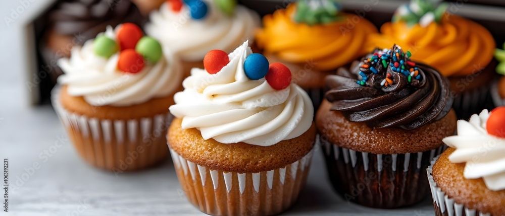 Poster an enticing display of a variety of mini cupcakes each topped with vibrant eye catching frosting and