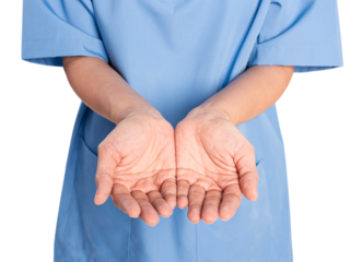 Female doctor png mockup showing a support hand gesture