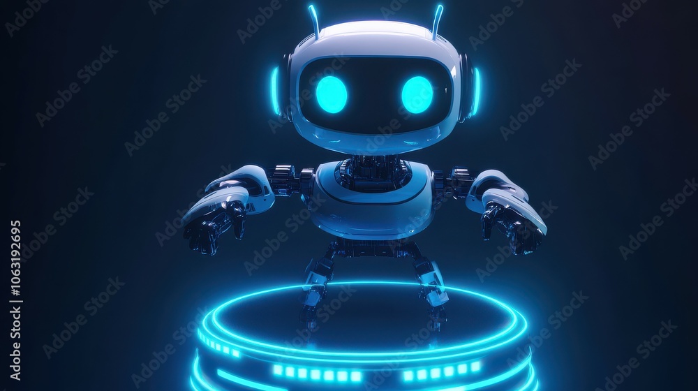 Poster 3d abstract digital ai robot floating above a light blue neon portal. technology innovation backgrou