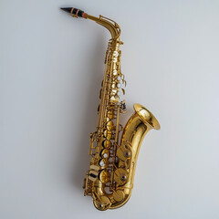 A polished saxophone on a clean, white background, with sharp reflections and professional lighting
