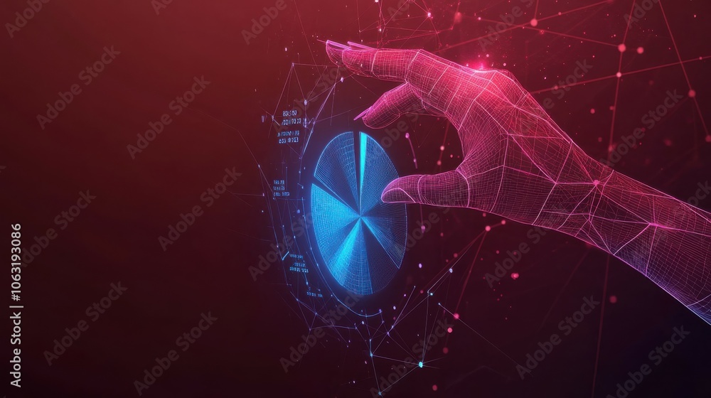 Poster abstract hand touching on pie chart in technology blue colors on dark red background. business analy