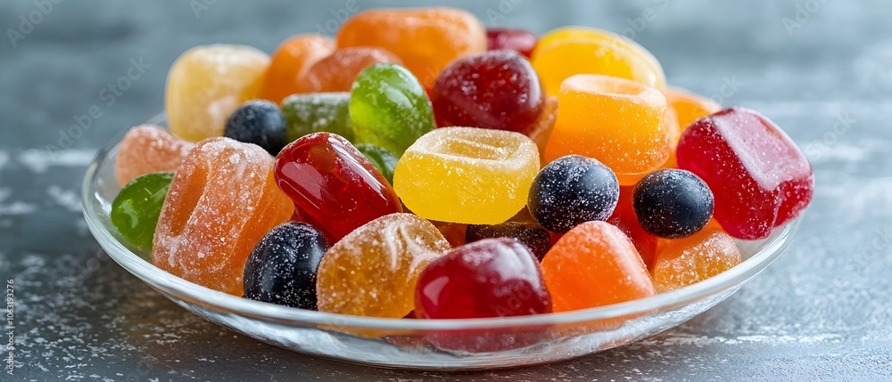 Aufkleber a delightful arrangement of vibrant rainbow colored fruit jellies displayed in a clear glass bowl cr