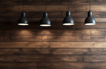 Obraz premium Elegant black pendant lights against a rustic wooden wall background