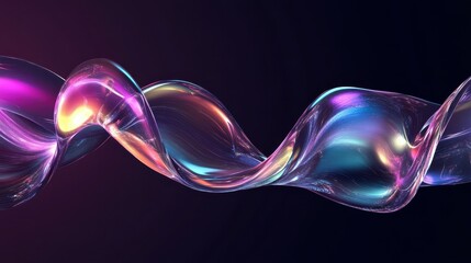 3d crystal glass liquid wave with refraction and holographic effect isolated on dark background. Render transparent glass ribbon, fluid splash with rainbow gradient flying in motion.