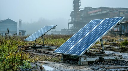 Two solar panels stand in a misty, overgrown area near industrial structures, emphasizing renewable energy amidst a desolate landscape.