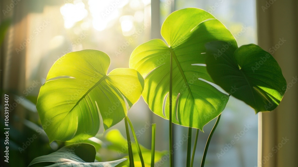 Poster large minimalist leaves are illuminated by natural light from behind, creating a sense of openness.