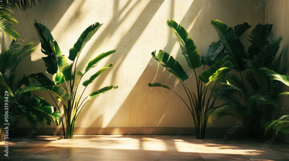 Poster large minimalist leaves are illuminated by natural light from behind, creating a sense of openness.