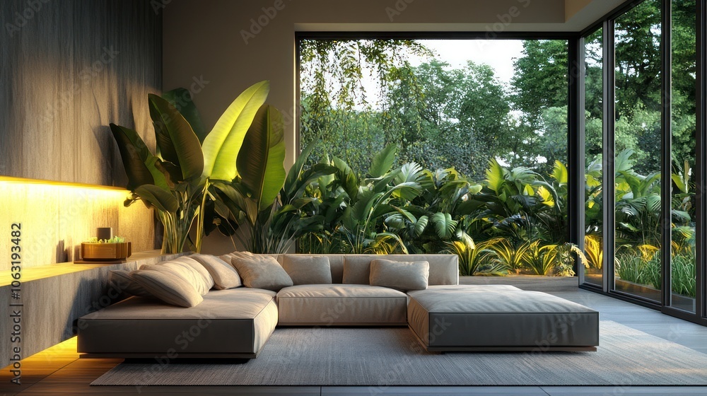 Poster large minimalist leaves are illuminated by natural light from behind, creating a sense of openness.