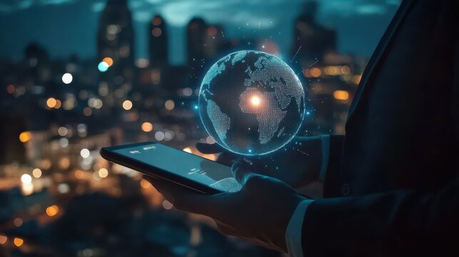 Businessman using tablet digital marketing smart city online global network business technology concept
